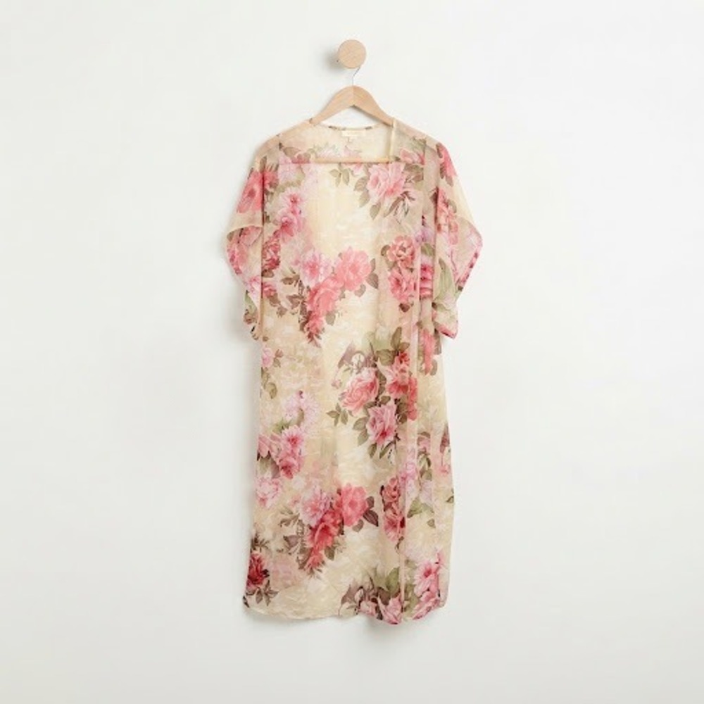 Staring At Stars Romantic Bohemian Rose Chiffon Long Kimono Duster XS Floral